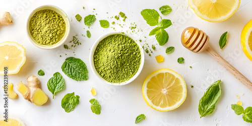 Flat lay of vibrant green matcha in bowls surrounded by fresh lemon slices, ginger root, mint leaves, and honey dipper on white background for healthy drink ingredients