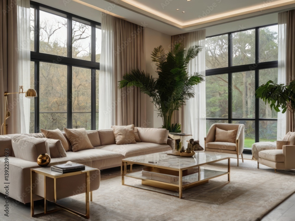 Fototapeta premium A modern living room with large windows showcasing exterior trees