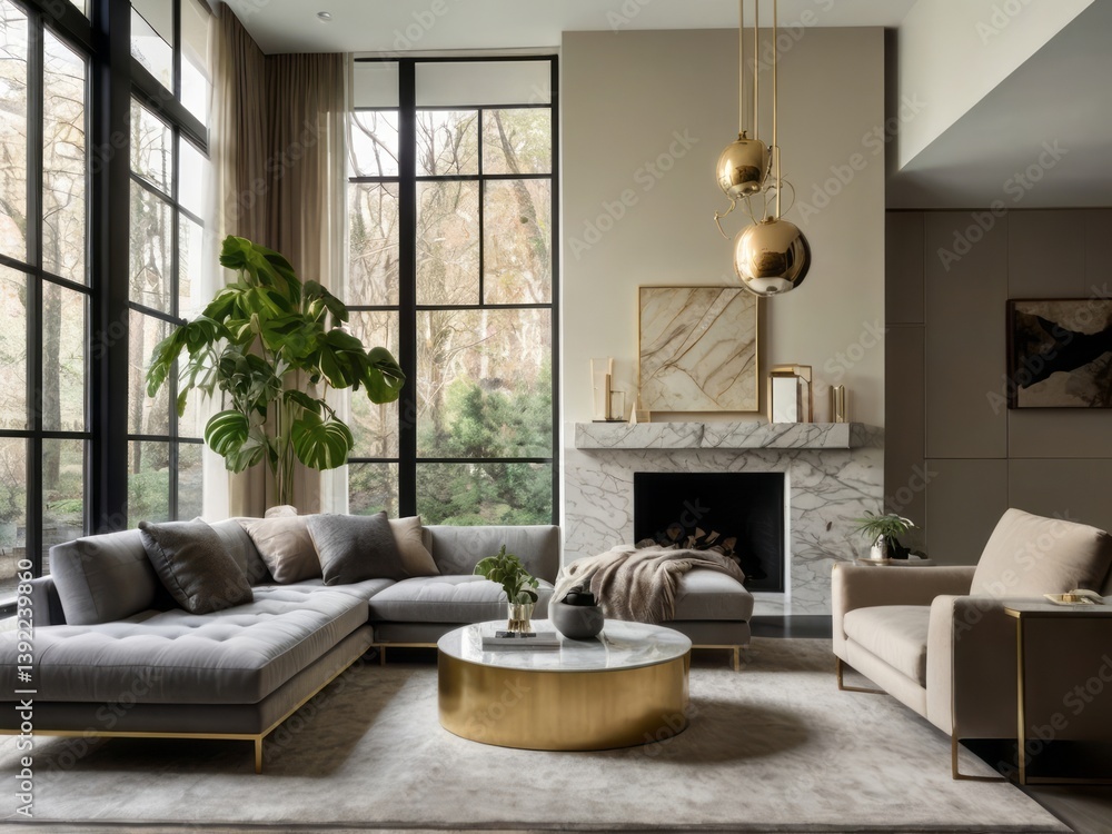 Fototapeta premium Modern living room featuring cozy furniture and large windows
