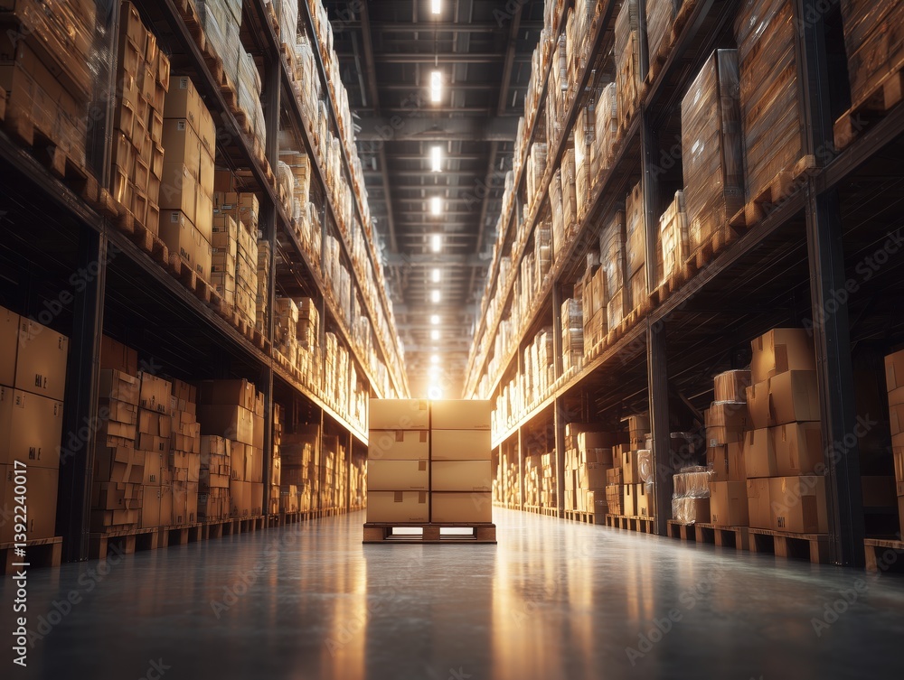 Fototapeta premium Modern industrial warehouse with high shelves stacked with cardboard boxes, sunlit storage facility interior representing logistics, supply chain, and inventory