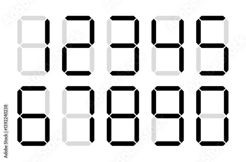 Digit number display time clock icon. Calculator font vector screen electronic timer. Black digit number sign hour background.
