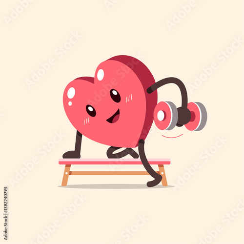 Cartoon heart character doing dumbbell weight training for design.