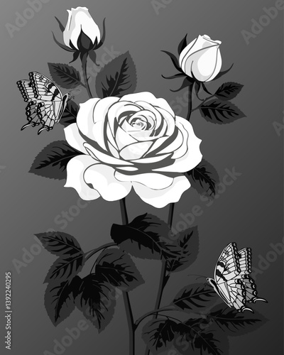 Illustrazione in bianco e nero con rose.Vector illustration with butterflies and roses in black and white.