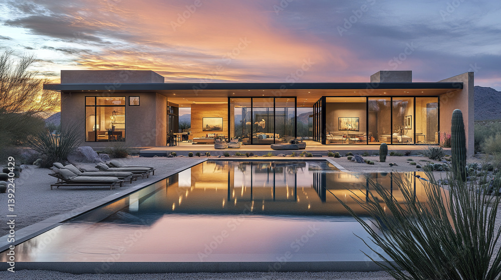 modern desert home with reflecting pool at sunset creates serene atmosphere modern desert home with reflecting pool at sunset creates serene atmosphere