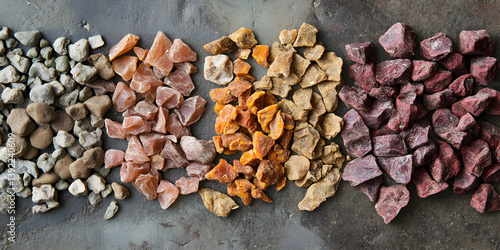 Assorted freeze-dried raw pet food on dark stone background Five rows of freeze-dried raw pet food pieces in various natural colors and textures arranged neatly on a dark textured stone surface