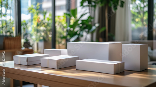 White business packaging boxes arranged on table, clean and modern product photo
