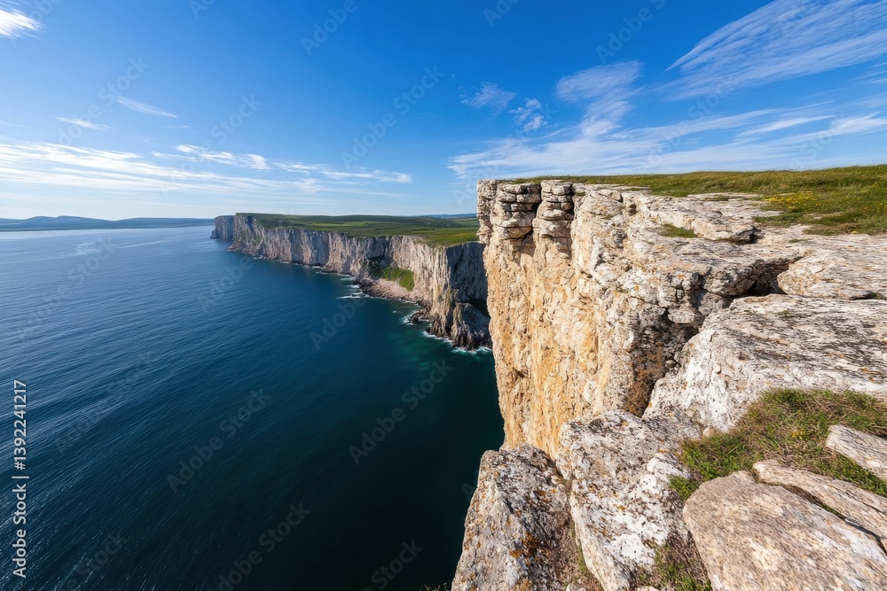 Fototapeta premium The image showcases dramatic cliffs rising steeply above the ocean, creating a stunning visual contrast that highlights nature's power and the vastness of our planet's beauty.