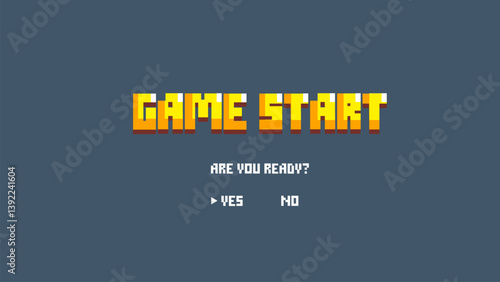 Game start.pixel art .8 bit game.retro game. for game assets in vector illustrations.Retro Futurism Sci-Fi Background. glowing neon grid.and stars from vintage arcade comp