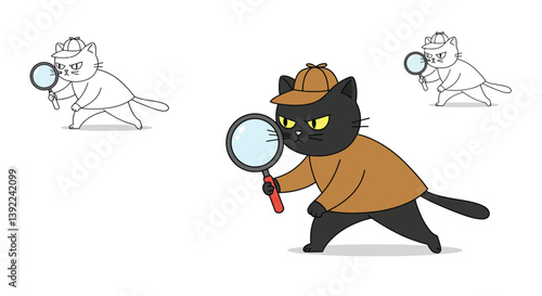 Detective cat character in flat style engaging in sleuthing action vector illustration