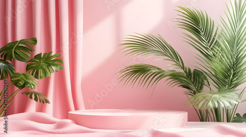 Pink product display, plants, curtain, sunlight
