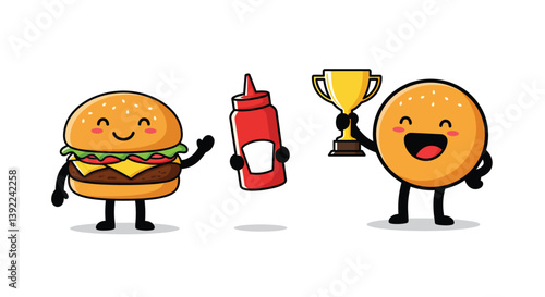 Happy hamburger and ketchup bottle celebrating with trophy in minimal vector illustration