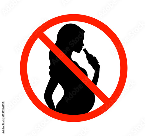 Pregnant woman icon with alcohol warning symbol highlights pregnancy danger and health caution. Vector silhouette shows mother with glass, baby label, and red restriction sign.