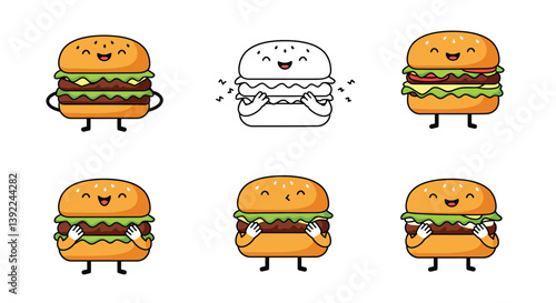 Happy cartoon burgers showcasing different expressions in minimal vector art