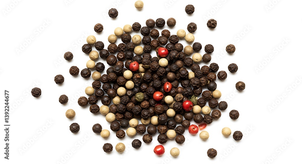 Mixed Peppercorns on White Background a Vibrant Spice Blend Overhead Shot Mixed Peppercorns on White Background a Vibrant Spice Blend Overhead Shot