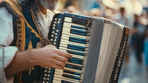 Elderly Man Playing Vintage Accordion Outdoors at a Festive Event