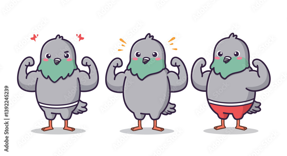 Strong cartoon pigeons showcasing different emotions in flat vector art Strong cartoon pigeons showcasing different emotions in flat vector art