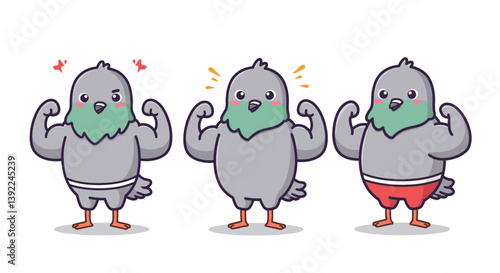 Strong cartoon pigeons showcasing different emotions in flat vector art