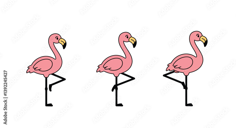 Obraz premium Pink flamingos standing on one leg in a playful sequence flat vector art