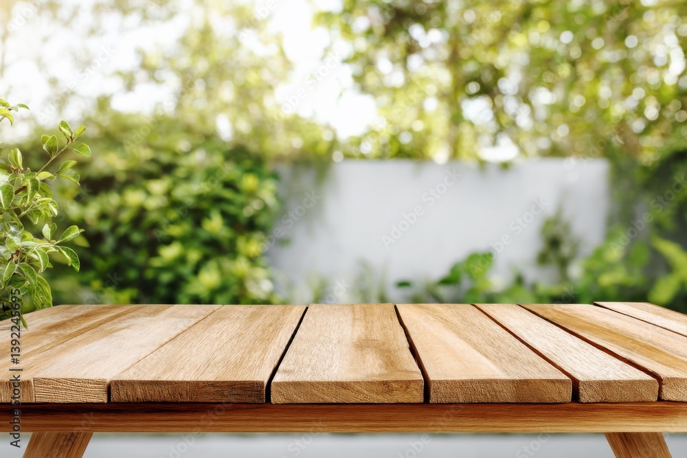 Wooden tabletop with blurred green garden background, natural outdoor scene perfect for product display mockups, food presentation templates, or summer lifestyle promotional design