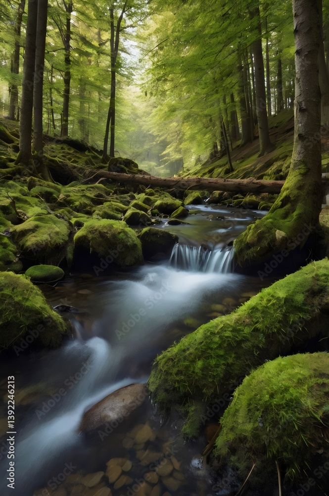 A stream of water flows through a forest with moss growing on the rocks A stream of water flows through a forest with moss growing on the rocks