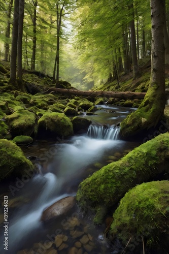 A stream of water flows through a forest with moss growing on the rocks
