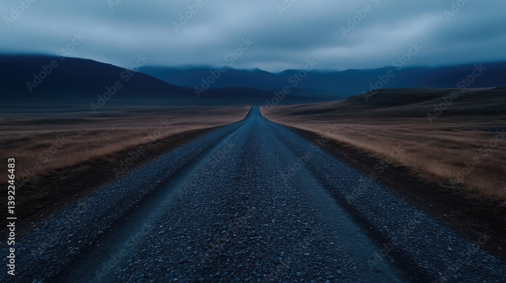 Fototapeta premium Empty gravel road stretches into a hazy mountain landscape at twilight