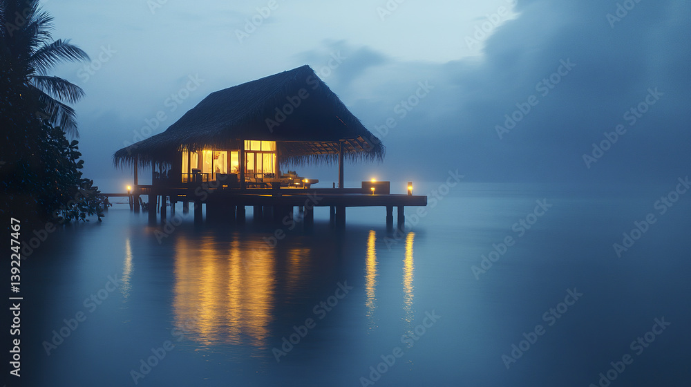 serene overwater bungalow with glowing lights at dusk serene overwater bungalow with glowing lights at dusk