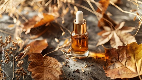 Amber Autumnal Essential Oil Bottle on Dried Leaves and Grasses