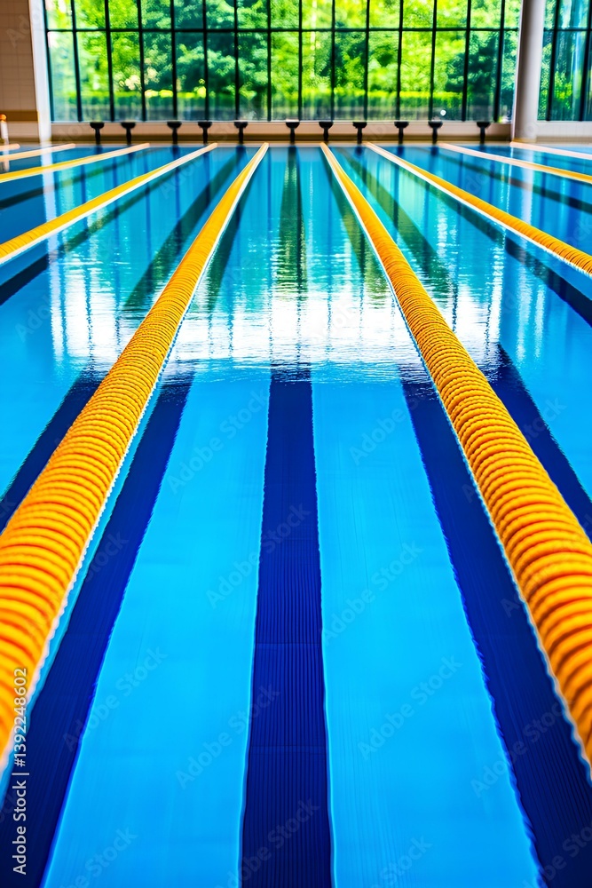 Obraz premium Long rectangular pool inside a gym or sports center, clean and quiet, waiting for swimmers to begin.