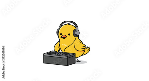 Yellow bird wearing headphones playing music at a DJ booth in flat vector art
