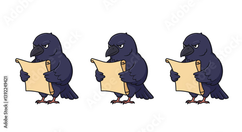 Cartoon raven character holding a scroll in flat vector art style