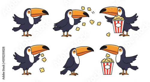 Animated toucan character enjoying popcorn in flat design vector art