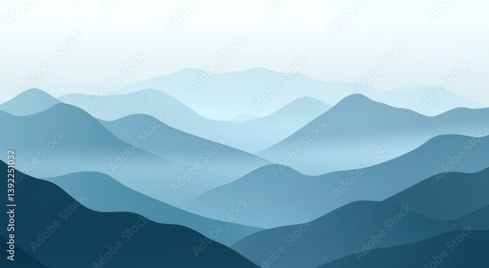 The stylized image depicts serene layers of blue mountains and fog The stylized image depicts serene layers of blue mountains and fog