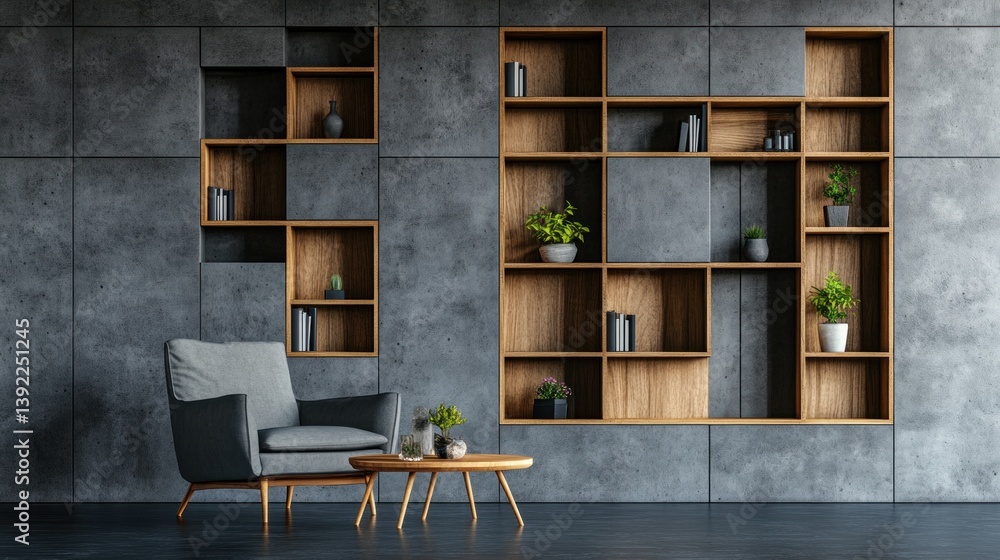 Fototapeta premium A modern living room showcasing a stylish armchair and wooden shelves