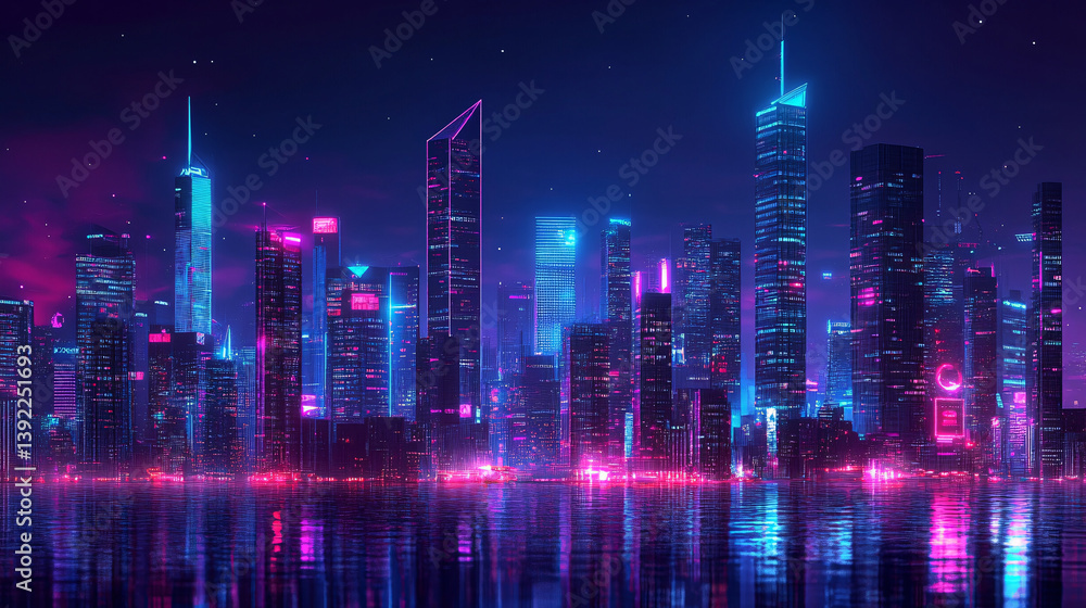 Futuristic city skyline illuminated by neon lights and reflections Futuristic city skyline illuminated by neon lights and reflections