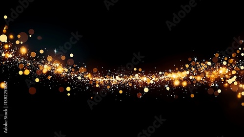 Elegant gold bokeh swirls diagonally across a black backdrop, radiating light and energy