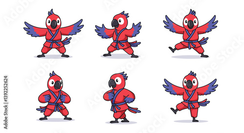 Colorful parrot character design in flat style showcasing dynamic movement vector art