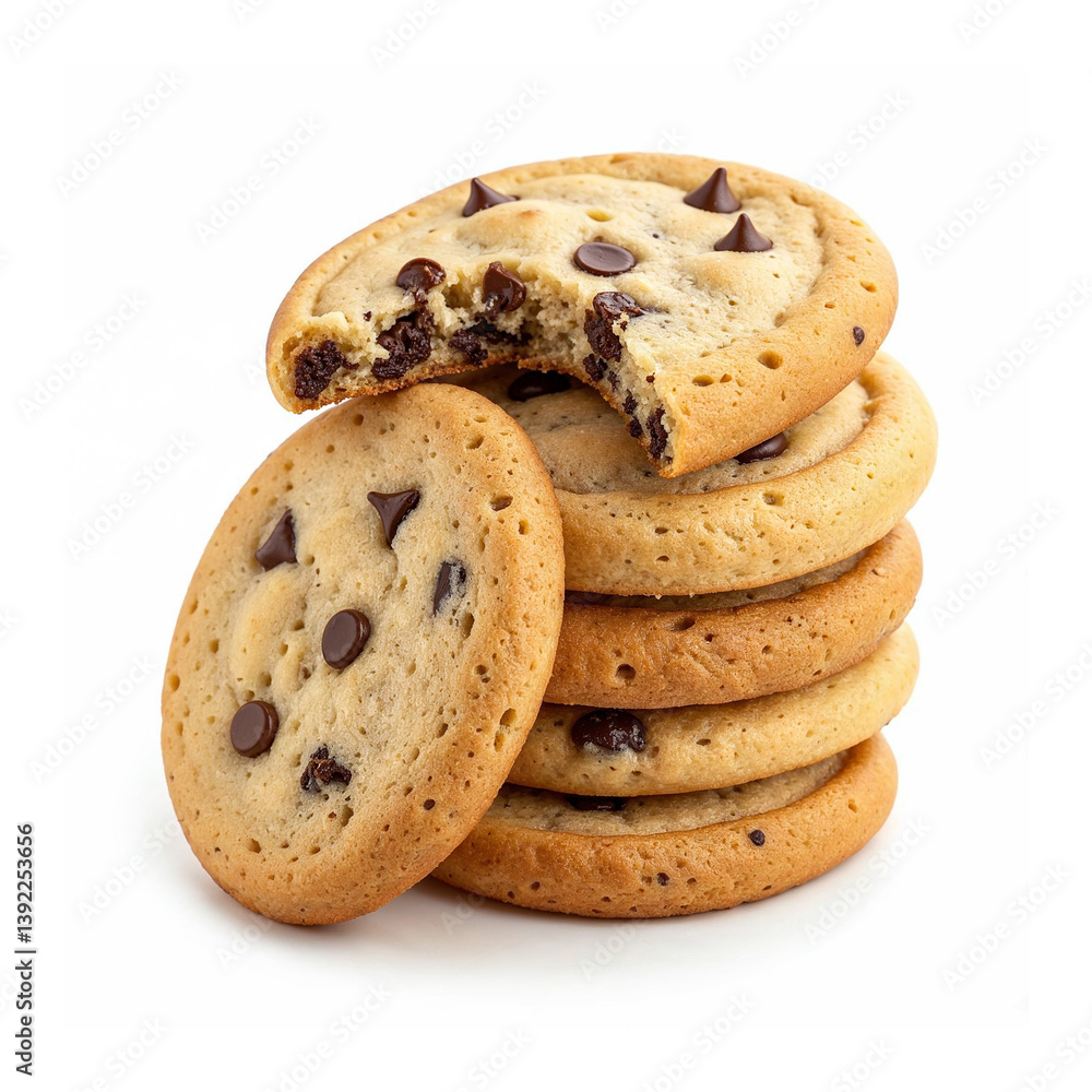 Stacked Chocolate Chip Cookies with Crispy Edges and Soft Center on White Background – High-Contrast Bakery Photo Stacked Chocolate Chip Cookies with Crispy Edges and Soft Center on White Background – High-Contrast Bakery Photo