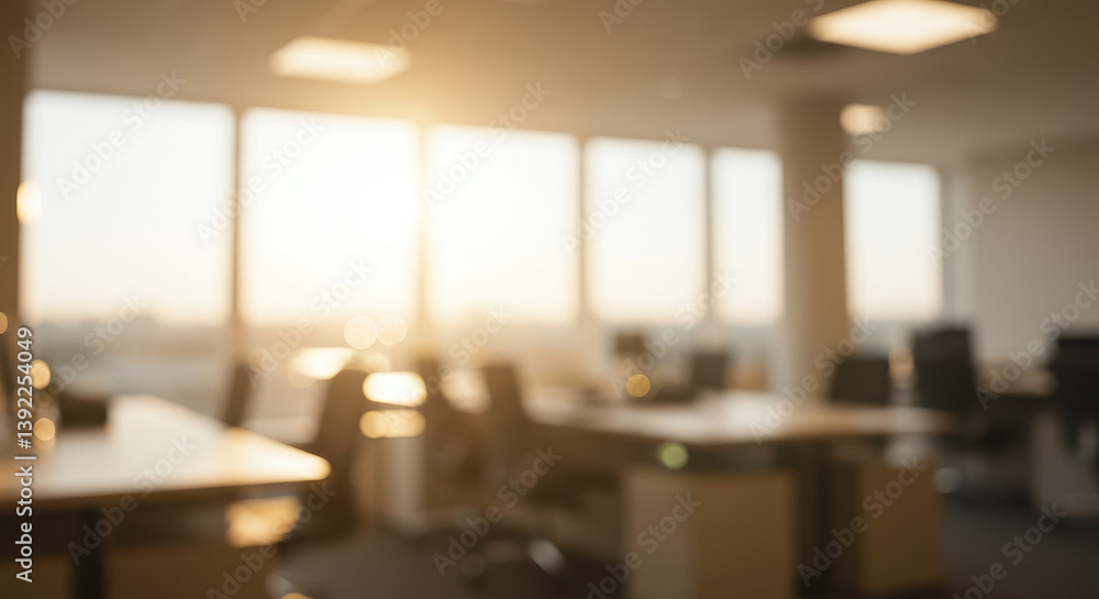 Fototapeta premium Modern Office Space: Bright Window Views, Work Desks, & Open Concept Design for Productivity & Collaboration