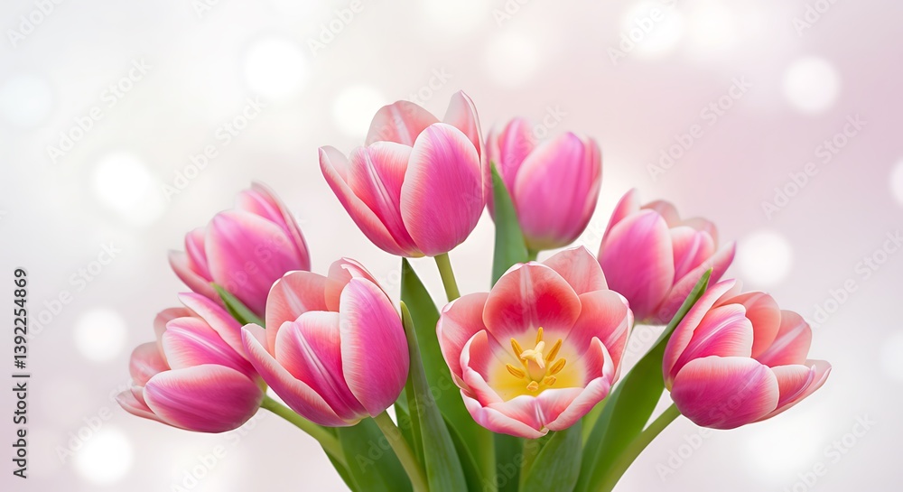 Fototapeta premium Pink Tulips Dawn A Gentle Bloom Pastel Dreams Springtime Bouquet Soft Light Petals Whispers Of Pink Delicate Beauty Floral Embrace Tender Blossoms Sunrise Tulips AI Generated