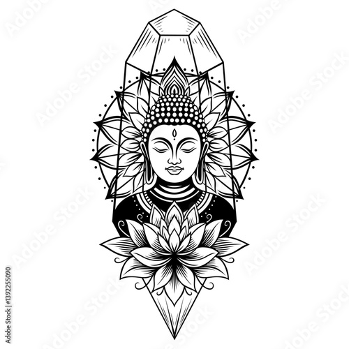 Buddha, der in einem Kristall meditiert. Sinnbild für geistige Klarheit. Mit Lotusblüte für Yoga und Meditation. Vektor Design.