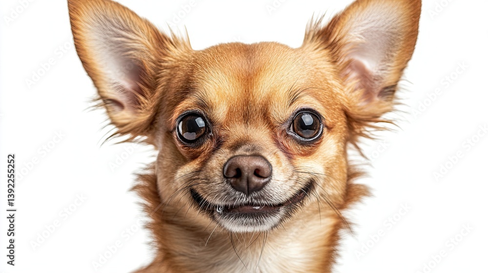 Close-up portrait of a small dog with a joyful expression against a white backdrop. Close-up portrait of a small dog with a joyful expression against a white backdrop.