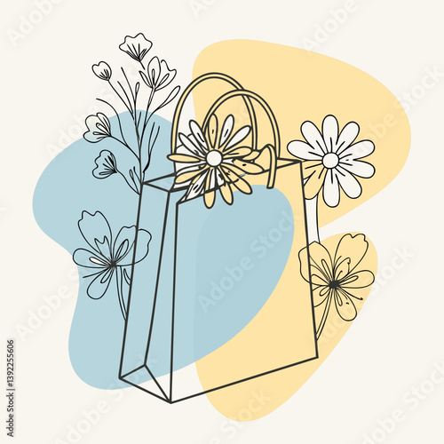 Flower delivery bag with blooming daisies against colorful backdrop  
