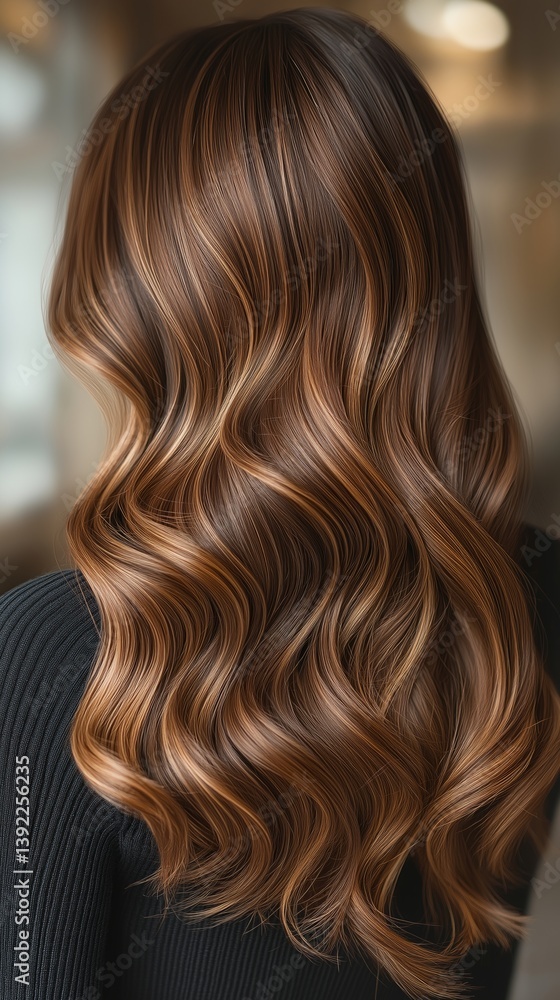 Fototapeta premium Long brunette hair with soft, shiny waves, flowing down the back against a softly lit background