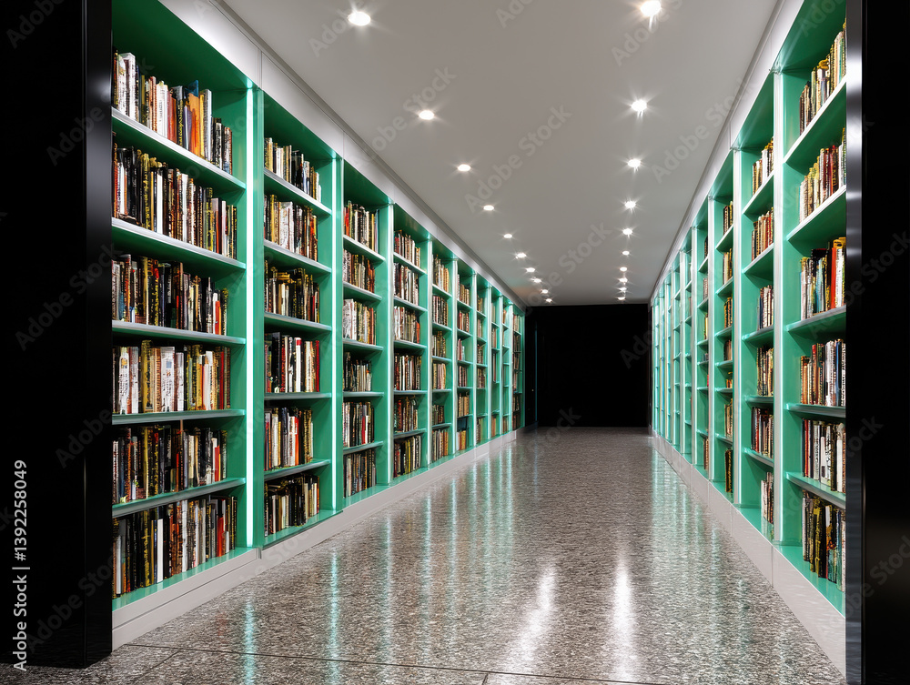 Teal Bookshelves Line a Long Hallway Library with Speckled Floor Teal Bookshelves Line a Long Hallway Library with Speckled Floor
