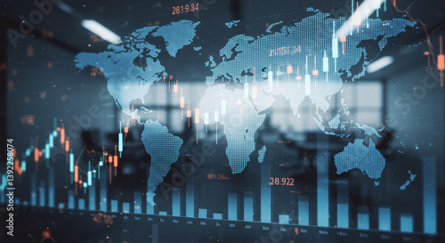 Global Market Analysis: A World Map Overlayed on Financial Data & Trading Charts for Investment Insights & Economic Forecasting