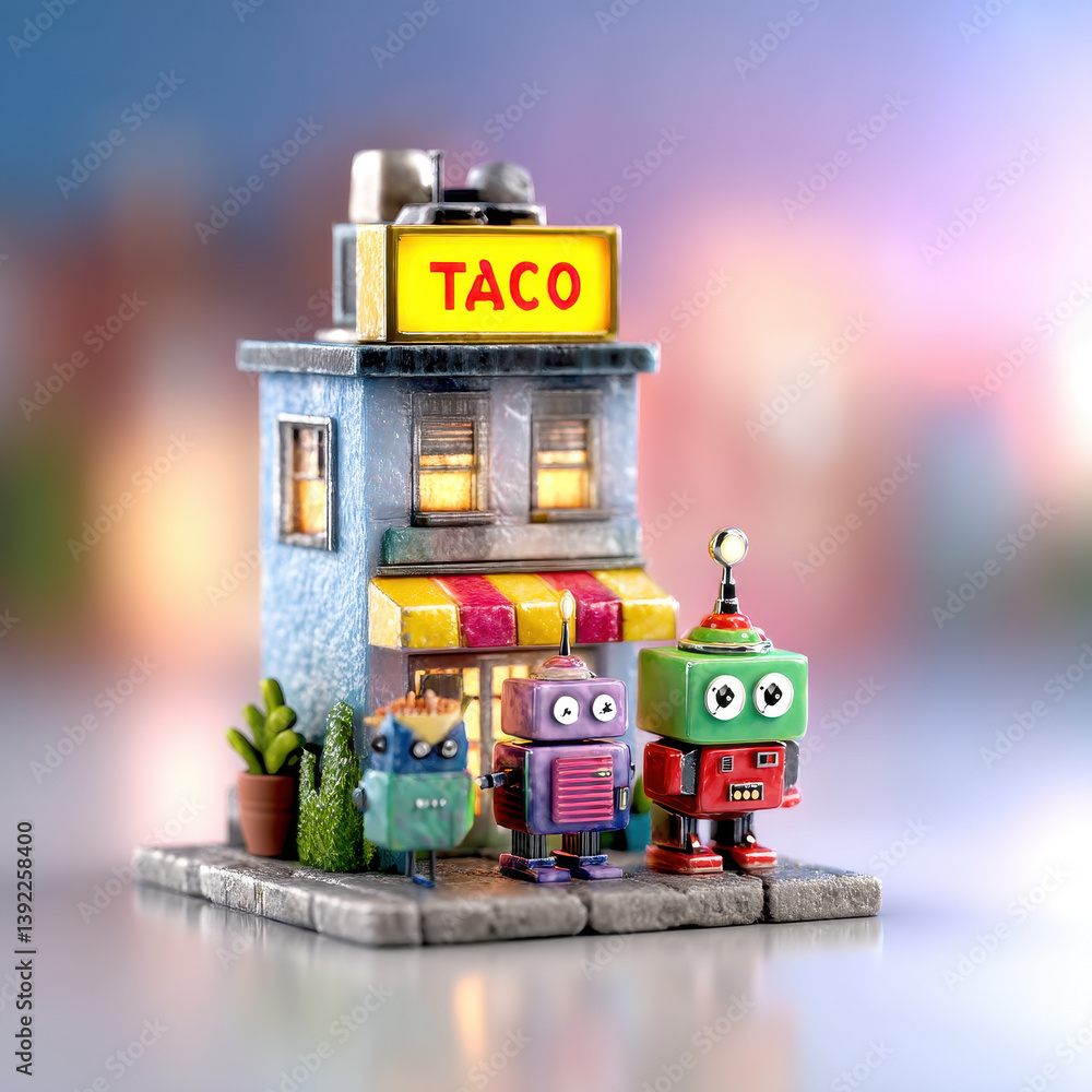 Naklejka premium Three Robots Outside a Snowy Taco Shop at Night