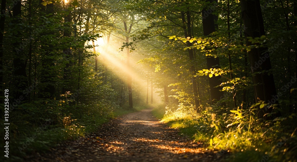 Obraz premium Sunbeams illuminate forest path peaceful morning ambiance. AI Generated
