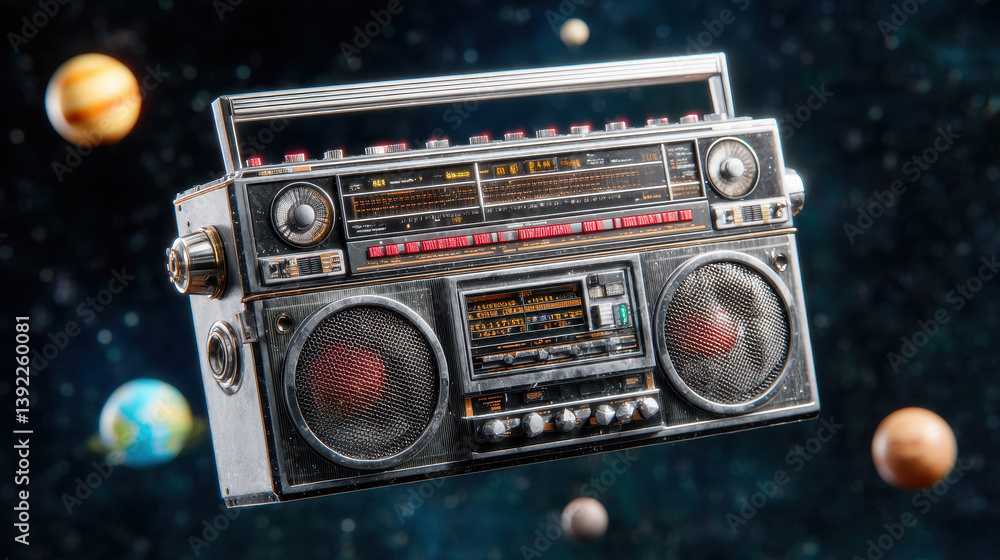 Fototapeta premium Vintage Boombox Floating in Space with Planets