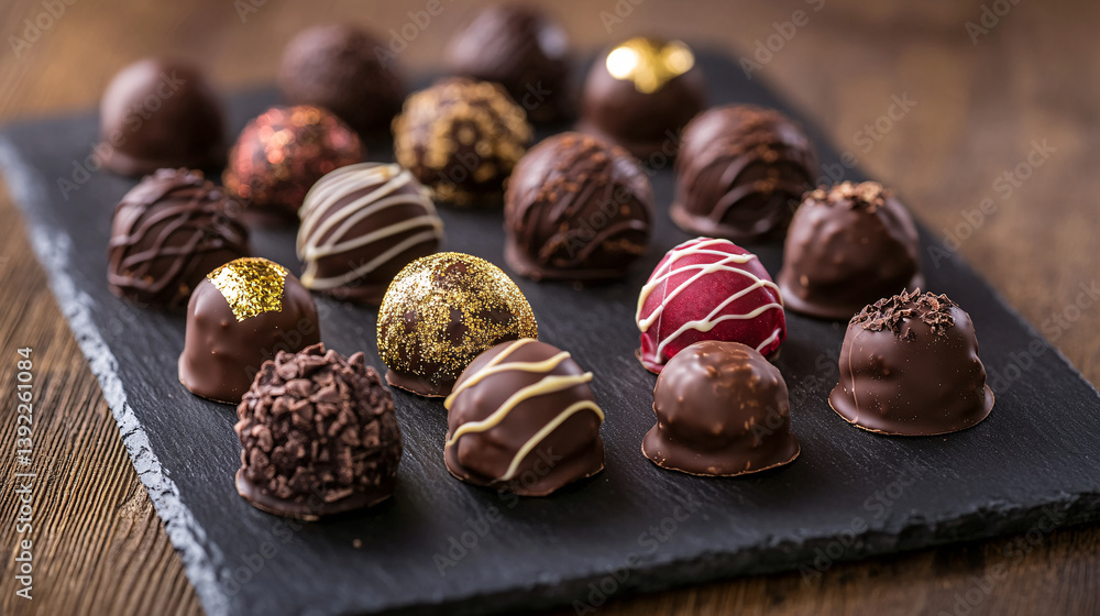 Exquisite slate platter showcasing gourmet chocolate truffles with gold detailing Exquisite slate platter showcasing gourmet chocolate truffles with gold detailing